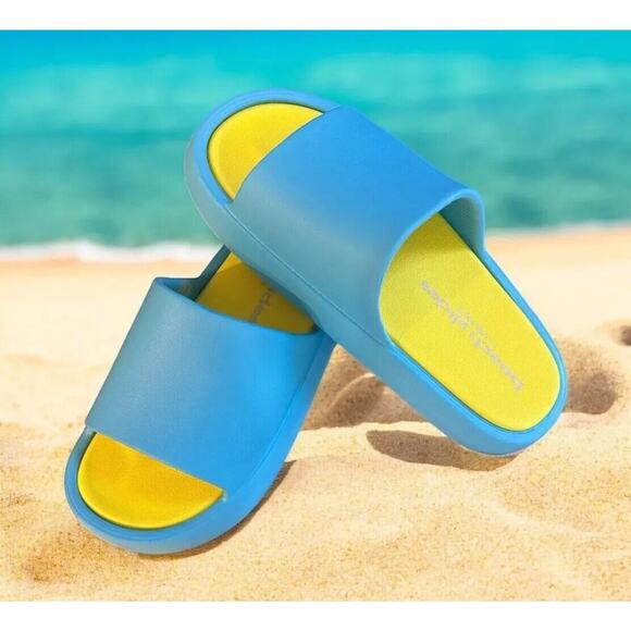 NIB J Slides SQUISH Turquoise /Yellow EVA Beach Slides. Brand New! Size 7 - Picture 1 of 13